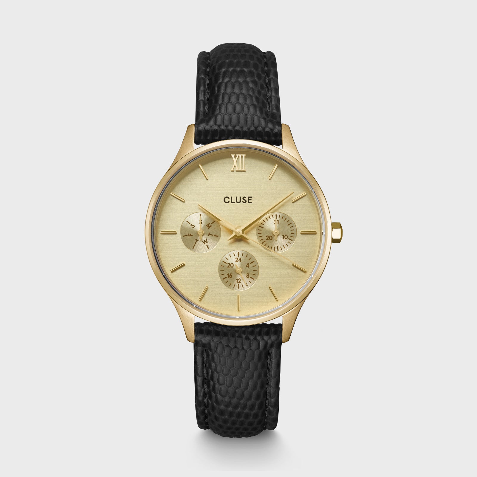 CW10705_frontal CLUSE Minuit Multifunction Watch Leather, Black Lizard, Gold Colour CW10705 - Image 1