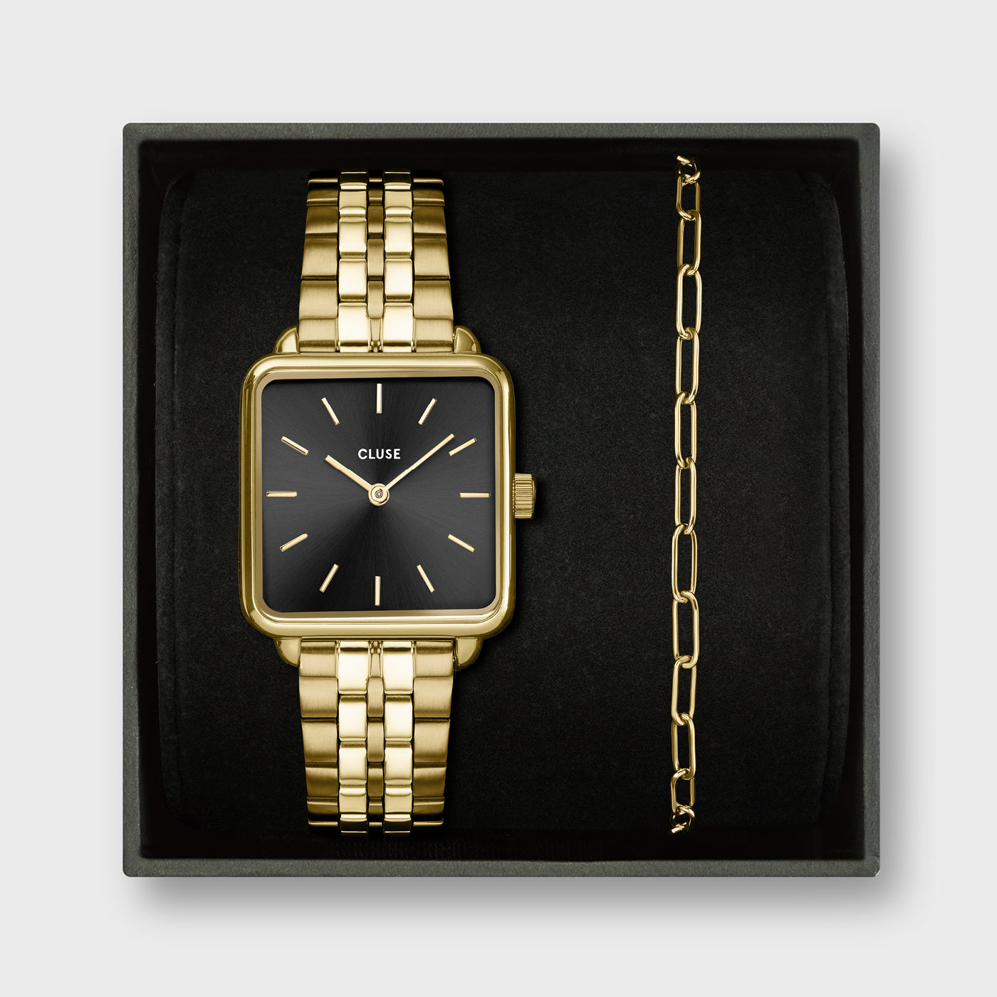 2024_ecom_website_PDP_images_giftbox_images_FW24 CLUSE Gift Box La Tétragone Black Steel Watch & Paperclip Chain Bracelet, Gold Colour CG10325 - Image 1