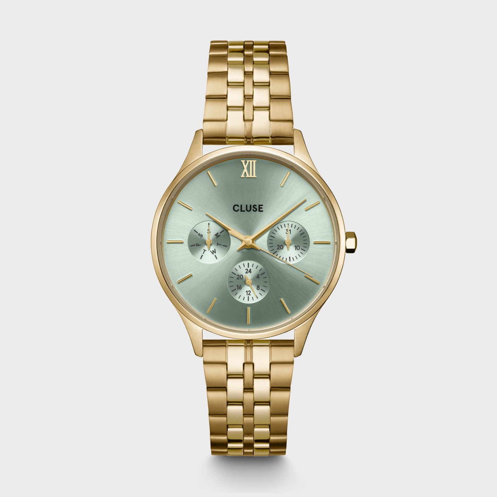 CW10709_frontal CLUSE Minuit Multifunction Watch Steel Sage Green Gold Colour CW10709 - Image 1
